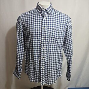 R Derwin Litchfield 100% Linen Shirt Mens Size Large Blue Gingham Plaid USA Made